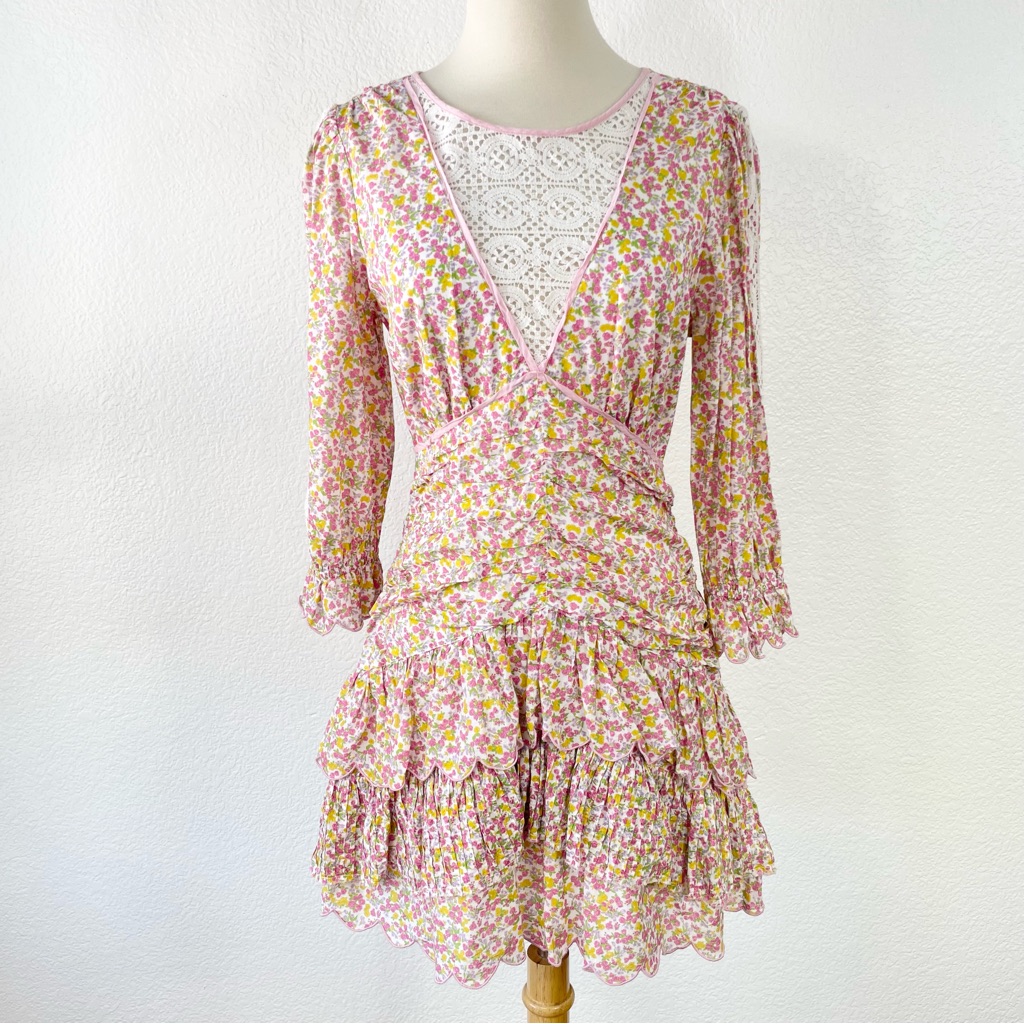 {Loveshackfancy} Marquise Crochet-Trimmed Floral Cotton Mini Dress, Size 10